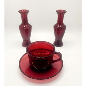 Arcoroc France Replacement Ruby Red Cup Saucer Set + 2 Matching Bud Vases Glass
